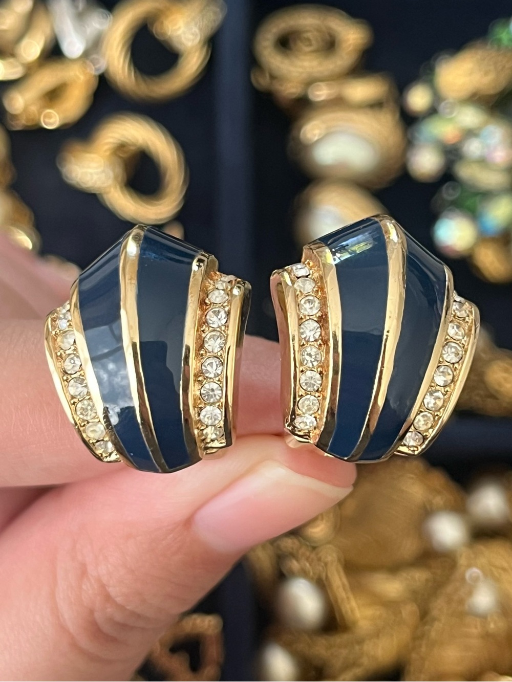 Authentic Vintage Dior Navy Blue Enamel Rhinestone Gold Hoop Clip-On Earrings